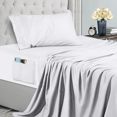 Afbeelding van Utopia Bedding geborduurd beddengoed, 3 delig (90 x 190 cm, wit), eenpersoonsbeddengoed, polyester microvezel, hoeslaken met opbergzakken, laken en 1 kussensloop,