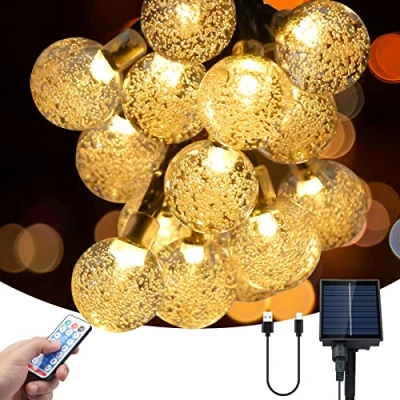 Afbeelding van shenkey Lichtsnoer op zonne energie, 60 kristallen led ballen met afstandsbediening, stroomvoorziening energie/USB, lichtketting voor buiten, tuin, decoratie binnen en buiten (warm wit)