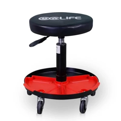 Afbeelding van CCLIFE Werkplaatskruk met wielen 2 legplanken, maximale belasting 150 kg, in hoogte verstelbaar 450 570 mm, afneembare kunststof onderdelen, rood