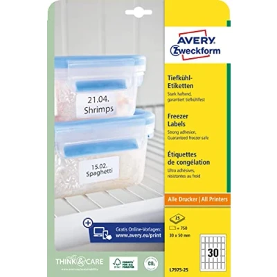 Afbeelding van AVERY Zweckform L7975 25 750 stuks zelfklevende vriesetiketten, 30 x 50 mm op A4, zelfklevend, temperatuur en vriezerbestendig, bedrukbaar, vellen, wit