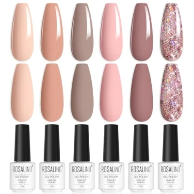 Afbeelding van ROSALIND semi permanente nagellak, uv gel, permanent, 6 kleuren, roze, nude, champagne, glitter, soak off, UV/LED, manicure