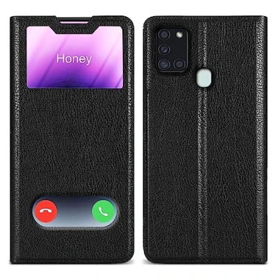 Afbeelding van Cadorabo Hoesje geschikt voor Samsung Galaxy A21s in KOMEET ZWART Beschermhoes met magnetische sluiting, standfunctie en 2 kijkvensters Book Case Cover Etui