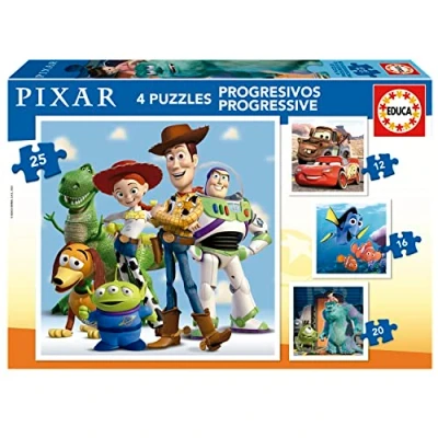 Afbeelding van Educa Pixar Progressive Set van 4 progressieve puzzels voor kinderen 12 tot 25 stukjes. Eenmaal gemonteerd: 16 x cm. Bestaat uit grote, perfect afgewerkte +3 jaar (19681)