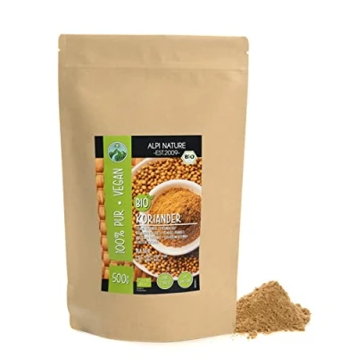Afbeelding van gemalen biologische koriander (500 g), biologisch korianderpoeder, korianderzaad, uit gecertificeerde teelt, laboratoriumgetest