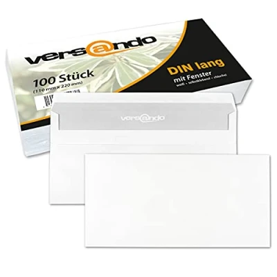 Afbeelding van versando 100 enveloppen DIN lang wit 22 x 11 cm zonder venster zelfklevende verzendtassen SK