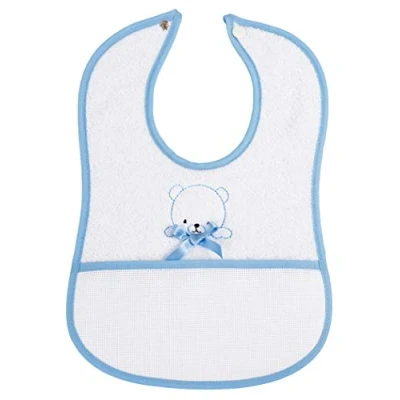 Afbeelding van FILET Slabbetje met zak van Aida om te borduren, gemaakt zachte katoenen badstof, drukknoopsluiting, ideaal voor baby&#039;s en peuters, 100% Made in Italy, kleur: hemelsblauw