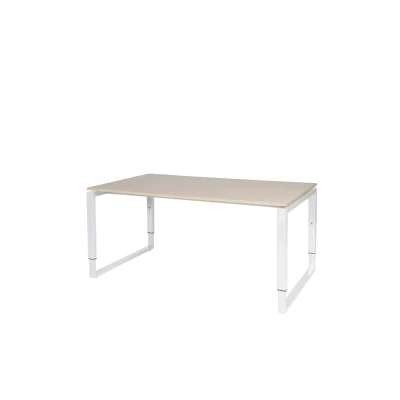 Afbeelding van Domino Plus bureau, hoogte instelbaar (62 85cm) met 160x90cm &#039;zwevend&#039; lindberg (licht) eiken 25mm blad en wit (RAL9010) O poot frame