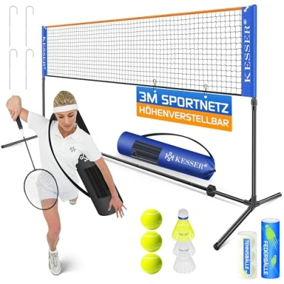 Afbeelding van KESSER® badmintonnet, tennisnet 500 cm Badmintonnet 3 voudig in hoogte verstelbaar, set bestaande uit net, 3x shuttles, stevig ijzeren frame, transporttas, binnen &amp; buiten