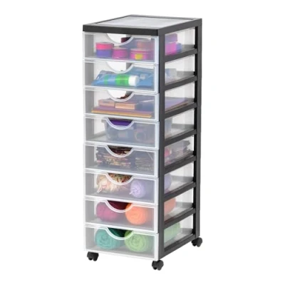 Afbeelding van Iris Ohyama, DDDC 380 Opbergtoren met wielen, van kunststof, 8 kleine laden, zwart, gemakkelijk te openen, opbergkast, schrijfwaren, voor slaapkamer, badkamer, school en kantoor, BPA vrij