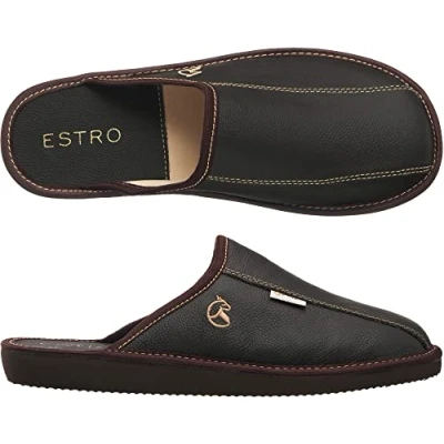 Afbeelding van ESTRO Pantoffels voor heren, leren pantoffels, wollen muiltjes, onvergetelijke zool, Frost, Cacao