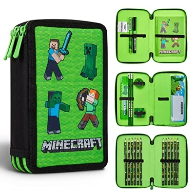 Afbeelding van Minecraft schooletui etui met 3 vakken schoolbenodigdheden, mosgroen,