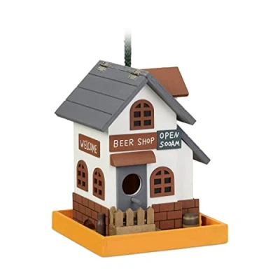 Afbeelding van decoratief vogelhuisje hout hangend 23x18x18cm