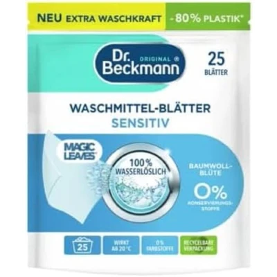 Afbeelding van Dr. Beckmann Magic Leaves Sensitive 25 Wasmiddelbladen Zonder parfum Wasbeurten Magische bladeren Voorgedoseerd, praktisch en licht 100% oplosbaar in water