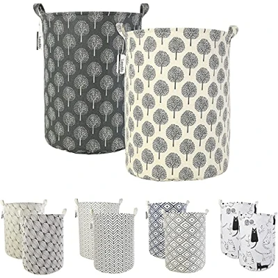 Afbeelding van LessMo 2 Stks 17,7 &quot;Wasmand, Opvouwbare Opbergmand Met Gemakkelijk Draaggrepen, Waterdicht Rond Katoen Linnen, voor Babyproducten, Speelgoed, Slaapkamer Hamper (Pineapple, 17.7&quot;/Medium)