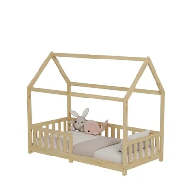 Afbeelding van ecomi Lit pour enfant, avec protection anti chute et sommier à lattes, 90 x 200 cm, 80 160 naturel (90 cm)