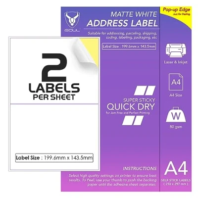 Afbeelding van 2 etiketten per A4 vel, 50 vellen met elk 100 bedrukbare zelfklevende etiketten, iSOUL mat zelfklevend papier voor adres, verzending, frankering, laserprinter en inkjetprinter [drogen