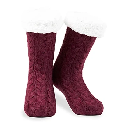 Afbeelding van Damessokken, antislip, pantoffels, modesokken, cocooning, gevoerd, cadeau idee voor dames, meisjes, tieners, Donker rood
