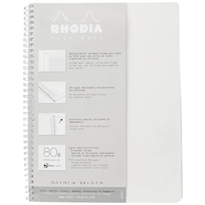 Afbeelding van Rhodia 193001C Noteboek, DIN A4 (225 x 297 mm), dubbel bedraad, vierkant, 80 gram, vellen, microgeperforeerd, 1 stuk, wit/zilver