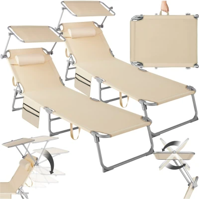 Afbeelding van tectake® Set van 2 ligbedden ligstoelen 4 standen , inklapbaar beige 68 x 190 28 cm met zijvak
