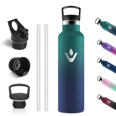 Afbeelding van Vikastar Roestvrijstalen thermosfles, 750 ml, BPA vrij, met rietje voor school, sport, fietsen, kamperen, donkergroen en donkerblauw