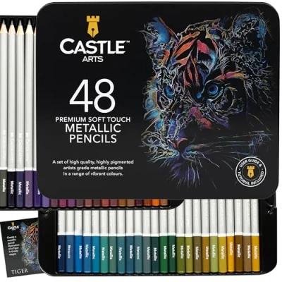 Afbeelding van Castle Art Supplies Metallic kleurpotlodenset, 48 glinsterende tinten, wasvullingen voor professionals, coloristen en kunstenaars volwassenen, beschermd in een presentatiedoos