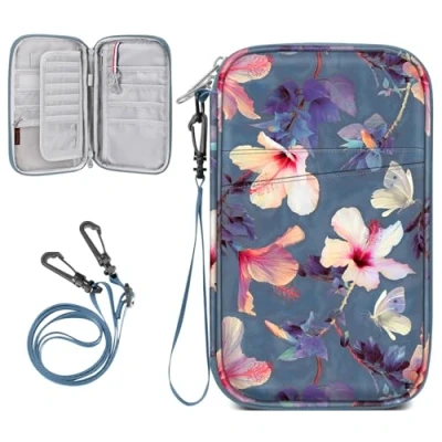 Afbeelding van Fintie Familiepaspoortportemonnee, RFID blokkerende reisdocumentenorganizer, etui met penhouder, sleutelhanger, creditcards voor mannen en vrouwen, Bloeiende hibiscus, uniseks