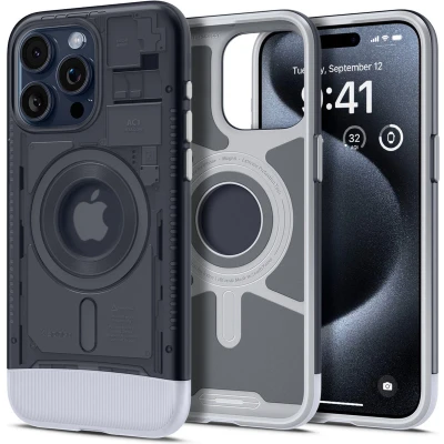 Afbeelding van Spigen Classic C1 MagFit Hoesje Geschikt voor Apple iPhone 15 Pro Max Compatibel met MagSafe Retro Back Cover Grijs