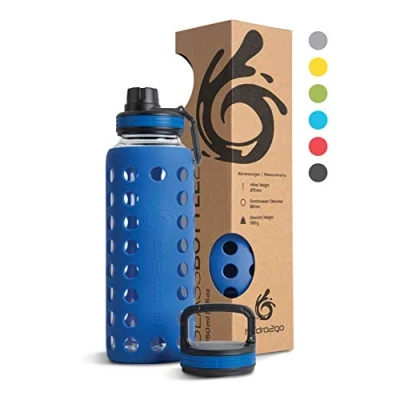 Afbeelding van Drinkfles van glas met siliconen hoes, 950 ml, vaatwasmachinebestendig, 2 verwisselbare deksels, 100% lekvrij, BPA vrij, glazen fles voor smoothies, kantoor, fitness, yoga, sport en outdoor