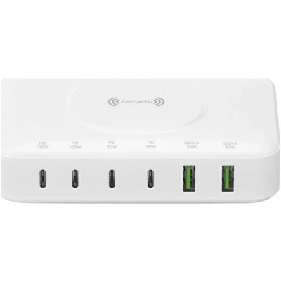 Afbeelding van 4smarts 100W 7 in 1 GaN Oplaadstation Snellader met Power Delivery en Quick Charge Geschikt voor o.a. Telefoon, Tablet, Laptop MacBook Draadloos Opladen Wit