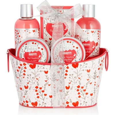 Afbeelding van BRUBAKER Cosmetics 6 Delig Bad en Doucheset Aardbei Sweet Love in Deco Metalen Mandje Cadeautip Vrouw Cadeau Idee Verzorgingsset Cadeauset met Bloemen Design Roze Moederdag cadeautje