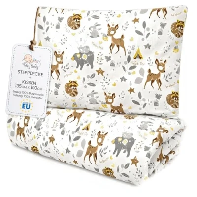 Afbeelding van Handgemaakte kinderdekbedden 100 x 135 cm kinderdekbedset met kussens kinderdeken katoen kinderkamer dekbed hert
