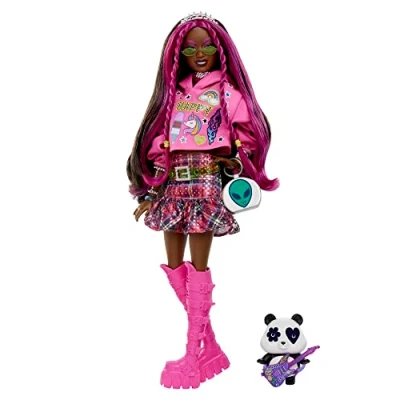 Afbeelding van Barbie Pop met Huisdier Panda, Extra Kinderspeelgoed, Kleding en Accessoires, Roze Strepen Bruin Haar Grafische Hoodie Geruite Rok, HKP93