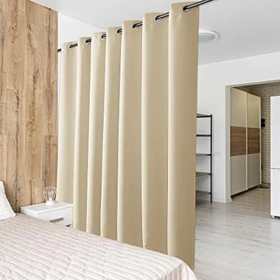 Afbeelding van PONY DANCE Thermisch gordijn met oogjes Raamgordijnen, woonkamer, zwaar, klaar om op te hangen, stevige stof voor kinderen, effen, helder, geblokkeerd, 254 x 210 cm, geel/beige, 1 stuk