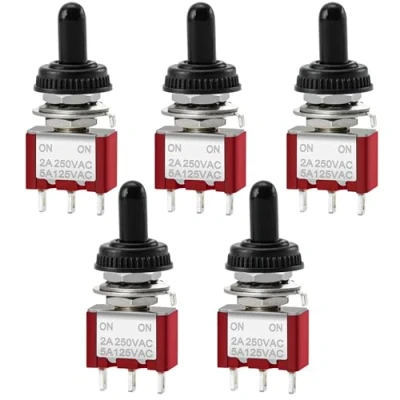 Afbeelding van Heschen Miniatuur wipschakelaar Mts 102 on Spdt 3 polig 2A 250V 5A 120V UR vermeld, met waterdichte afdekking, 5 stuks