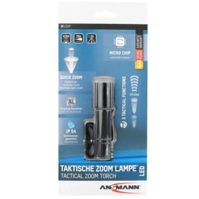 Afbeelding van Ansmann M100F de tactische zaklamp met traploze scherpstelling, inclusief 1x AA batterij, verwijderbare clip en polsband