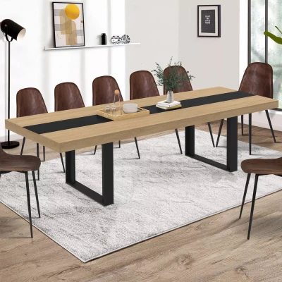 Image de Table à manger extensible rectangle PHOENIX 10 12 personnes bois et noir bande centrale noire 200 300 cm