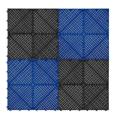 Afbeelding van Modulaire geventileerde kliktegels 120 zwart en blauw 6m x 6m, polypropyleen, antislip, weerbestendig, 5 ton per tegel, inclusief randen, ideaal voor dubbele garage of werkplaatsen.