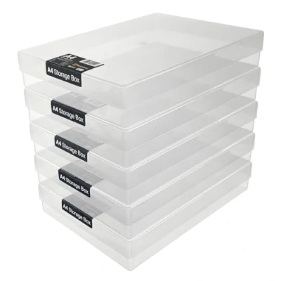 Afbeelding van WestonBoxes 5 stuks A4 plastic opbergdozen met deksel voor kunstbenodigdheden, papier en karton, volume 3,6 l (licht/transparant)
