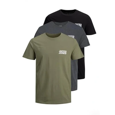 Afbeelding van Jack &amp; Jones Jjecorp Logo Tee Ss Crew Neck Noos T shirt voor heren, Set van 3 shirts (olijf/donkergrijs/gemêleerd)
