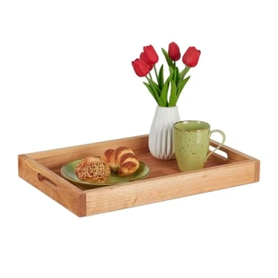 Afbeelding van Relaxdays dienblad walnotenhout groot met handgrepen serveerblad ontbijt op bed