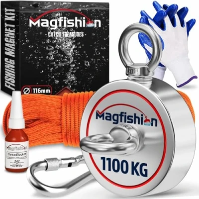 Afbeelding van Magfishion Dubbelzijdige Magneetvissen Set 1100 KG Vismagneet 20 Meter Lang Touw + Karabijnhaak met Schroefsluiting Handschoenen Borgmiddel Starterspakket Magneet Vissen Outdoor Kinderen