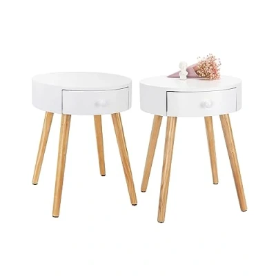 Afbeelding van WOLTU 2 X Nachtkastjes Koffietafel met lade,Lagetafel in MDF en poten grenen,38x38x48cm,Wit TS51ws