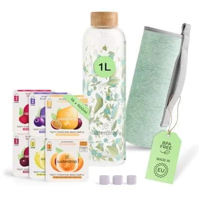 Afbeelding van waterdrop® Valentijnsdag editie proeverijset, glazen fles 1 l + 18 microdrink tabletten kubus drank 6 smaken, met natuurlijke extracten van fruit en planten vitaminen