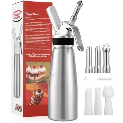 Afbeelding van 500 ml Professionele sifon Chantilly sifon, aluminium crèmesyfon, 3 roestvrijstalen spuitmonden, kunststof 1 reinigingsborstel, voor gebak en desserts, schuim crèmes