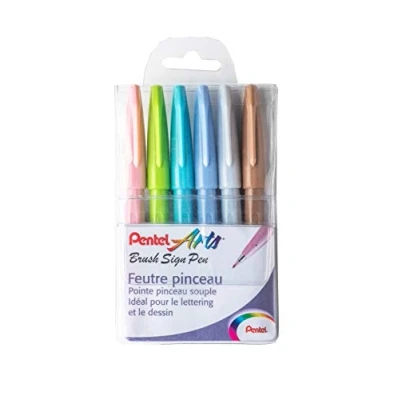 Afbeelding van Pentel Arts Brush Sign Pen SES15C/6PASTEL, verpakking met 6 penseelstiften, verschillende kleuren