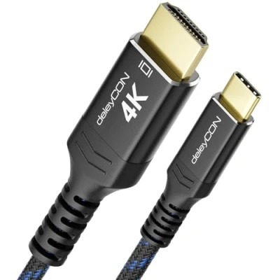 Afbeelding van deleyCON 1,5 m 4K USB C naar HDMI kabel @60Hz 2K @120Hz met aluminium stekker en nylon compatibel Thunderbolt 3/4 mobiele telefoon smartphone tablet pc computer zwart/blauw