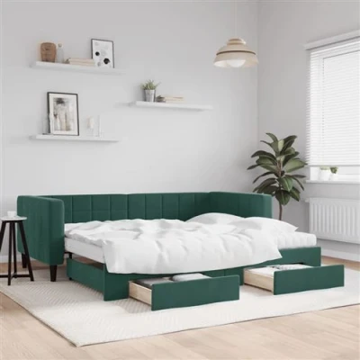 Afbeelding van vidaXL Slaapbank onderschuifbed en lades 90x200 cm fluweel donkergroen