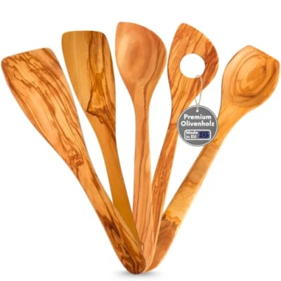 Afbeelding van TOPPROVIDER 999 5 delige premium kooklepelset Gemaakt in de EU 3 kooklepels + 2 spatels, duurzaam olijfhout, duurzame &amp; antibacteriële keukenset H 30/32 cm