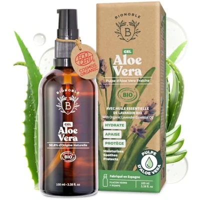 Image de Bionoble Gel Aloe Vera Bio Cheveux Bouclés, Hydratant Visage, Soin Coup de Soleil Corps Bouteille en Verre + Pompe 100ml