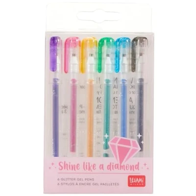 Afbeelding van LEGAMI Set van 6 mini gelpennen glitterate, 0,8 x 10,8 cm, Shine Like a Diamond, puntdiameter 1,0 mm, kleur: paars, goud, groen, blauw, roze, zwart